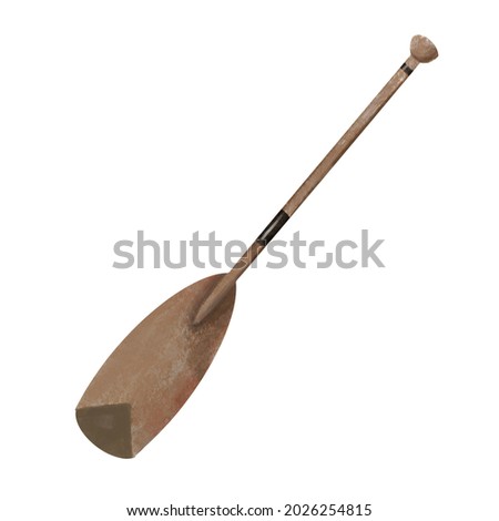 Watercolor Oar Illustration, Traditional wooden single-bladed canoe paddle watercolor illustration. One object, blank surface, front view. Handdrawn water colour painting on white, cutout clip art