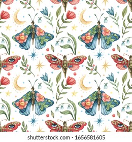 Watercolor Occult Seamless Pattern. Illustration Of Butterflies-girls, Flowers, Branches, Leaves, Berries, Moon, Night Stars