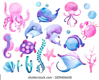 Watercolor Ocean Cute Animals And Underwater Flora Clipart Isolated On White Background. Shark, Dolphin, Crab, Octopus, Fish, Whale, Slope, Sea Horse, Jellyfish, Turtle, Seaweed.