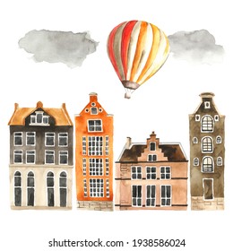 Watercolor old city houses   striped orange hot air balloon in the clouds  Hand painted cartoon town elements isolated white background  European architecture illustration for design  decor  book