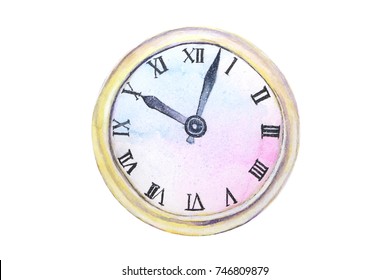 Watercolor Old Clock Abstract Isolated On White Background