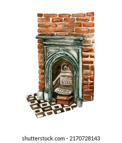 Watercolor Old Green Wood Brick Fireplace