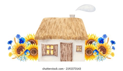 Watercolor Old House Clipart Isolated On White Background. Ethnic Ukrainian Building With Sunflower, Cornflower And Hydrangea. Perfect For Logo, Card, Postcard.