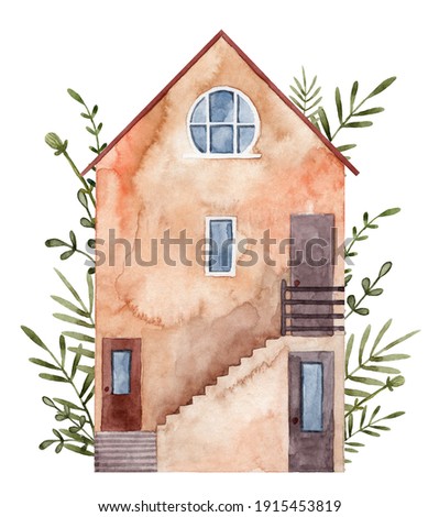 Watercolor old house facade with staircase and garden