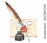 Watercolor old inkwell with feather pen and sealed envelope. Template retro illustration old writing stationery. Isolated hand drawn illustration for card, packaging and covers, textile and sticker