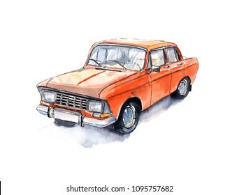 Watercolor old soviet ccar, red, side view. Sketch isolated on a wiht backgronud.