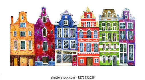Watercolor old stone europe houses. Amsterdam street view with different houses - facades. Hand drawn cartoon  illustration isolated on white background
