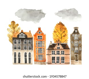 Watercolor old town in autumn illustration. European city architecture. Hand painted fall season elements isolated on white background: houses, clouds, foliage, trees. Cozy seasonal design composition