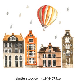 Watercolor old town   orange hot air balloon in the sky illustration  Rainy weather   cozy houses composition isolated white background  Cartoon city elements for children book  postcards 