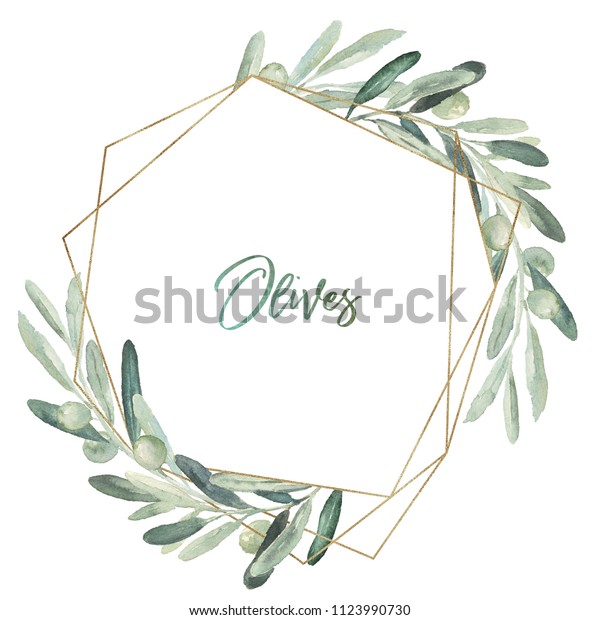 水彩のオレア花柄イラスト オリーブの葉の花輪 金色の幾何学的な形の枠 結婚式の文房具 挨拶 壁紙 ファッション 背景 のイラスト素材
