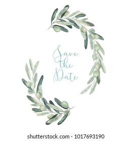 Watercolor Olive Floral Illustration - Olive Branch Frame / Wreath For Wedding Stationary, Greetings, Wallpapers, Fashion, Backgrounds, Textures, DIY, Wrapping, Postcards, Logo, Branding, Etc.