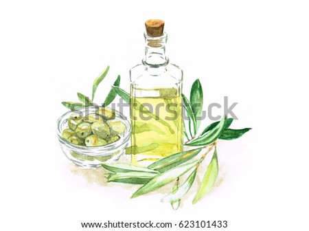 Watercolor olive oil on rough canvas, with green olives, leaves and glass bottle