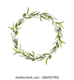 Watercolor Olive Wreath. Green Branches, Olive Berries Frame. Hand Drawn Bohemian Circle Wreath. Summer Garland Olive. Wedding, Birthday Design