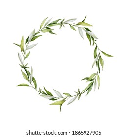 Watercolor Olive Wreath. Green Branches, Olive Berries Frame. Hand Painted Bohemian Circle Wreath. Summer Garland Olive. Wedding, Birthday, Competition Design