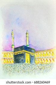 Watercolor On Paper Painting Of Makkah With Pilgrim Surrounding The Holy Kaaba