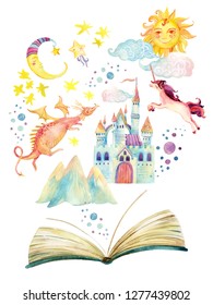 Watercolor open book with magic world isolated on white background. The whole fairy tale in book: stars, moon, sun, magic castle, dragon, unicorn. Hand painted book illustration for childish design