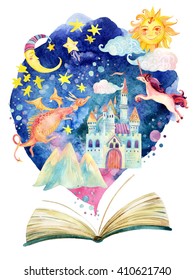 Watercolor open book with magic world. The fairy tale world in one book. Starry sky, magic castle, flying dragon and unicorn. Hand painted book illustration for educational childish design