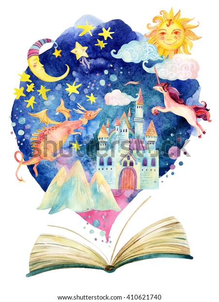 魔法の世界を持つ水彩のオープンブック おとぎ話の世界を一冊の本に収めた 星空魔法の城飛ぶ竜と一角獣 手描きの本イラスト で 教育的な子ども向けのデザイン のイラスト素材