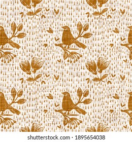 Watercolor Orange Bird Motif Background. Hand Painted Earthy Whimsical Seamless Pattern. Modern Floral Linen Textile For Spring Summer Home. Decorative Scandi Style Colorful Nature All Over Print