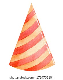 Watercolor Orange Birthday Hat With Red Stripes Isolated On White Background. Hand Drawn Party Cap Illustration