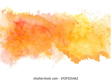 Watercolor orange clouds isolated on white background. Hand drawn illustration. Multi-layer smears in orange and yellow colors with glitter