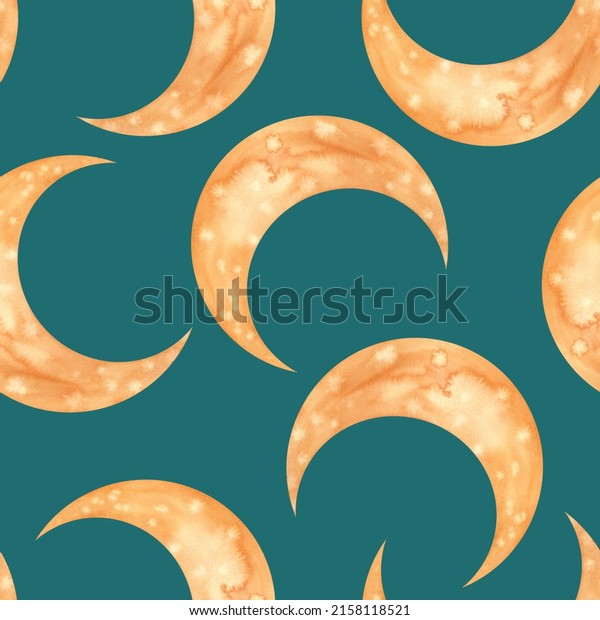 Watercolor Orange Moon. Illustration of
a satellite of the Earth. Seamless pattern on a turquoise
background. Pattern for wallpaper and clothing
prints.