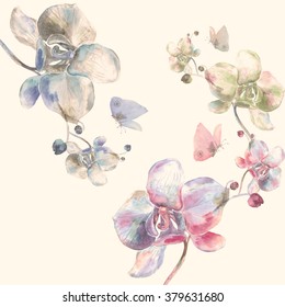 Watercolor Orchid with Butterfly Garland.