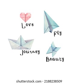 Watercolor Origami Illustration. Watercolor Paper Plane, Boat, Butterfly And Heart. Design For Cards, Banners, Decor