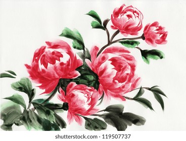 Watercolor Original Painting Of Peonies. Asian Style.