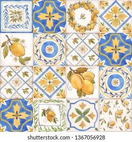 Watercolor ornament square pattern, lemons Sicily, yellow and blue print. retro wallpaper