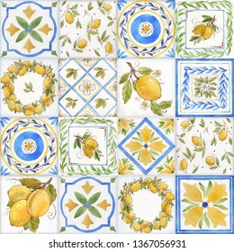 Watercolor ornament square pattern, lemons Sicily, yellow and blue print. Summer pattern