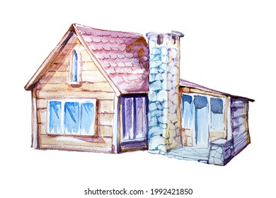 
Watercolor Ouse, Cottage  Isolated On White Background. Forest Cabin Illustration. Handdrawn House Design.