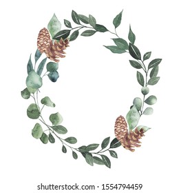 Watercolor Oval Christmas Frame With Branches Pine Cones Leaves Plant Herb Winter Flora Isolated On White Background. Botanical Greenery Holiday Illustration For Wedding Invitation Card Design