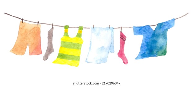 Watercolor painitng line drying laundry