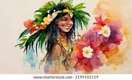 Watercolor paint illustration with young polynesian woman smiling and flowers
