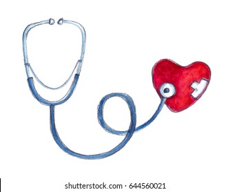 Watercolor Paint Stethoscope And Heart On White Background.