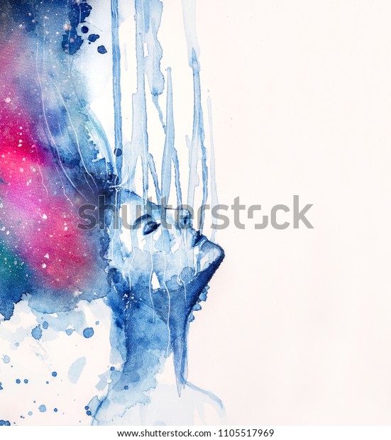 心の中で考える感情的な女性のシンボル 平和 瞑想 落ち込んだ動きを表す水彩画 のイラスト素材