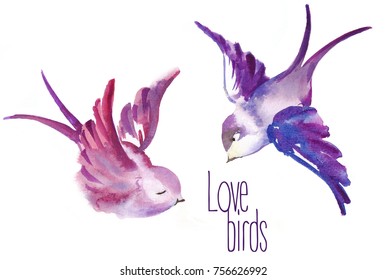 Watercolor Painted Birds In Love. Valentines Day Card. Raster Illustration On White Background.