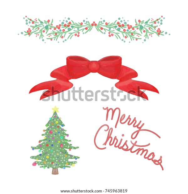 watercolor painted Christmas design elements,\
lights on Christmas tree with star, handwritten greeting, red bow,\
and pretty greenery bough with red and blue berries, happy holidays\
decorations