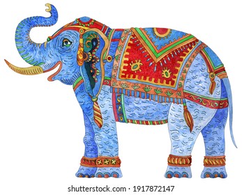 Watercolor painted fantasy ornate Indian elephant isolated on a white background. Colorful thin line, ethnic ornaments on bright harness. T-shirt print. Batik paint, circus show invitation card