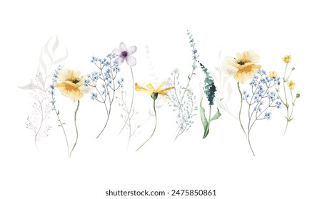 Watercolor painted floral border. Blue, yellow, violet wild flowers, green and pink branches, leaves. Meadow plants. - Powered by Shutterstock