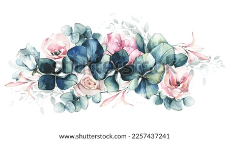 Watercolor painted floral border bunch. Bouquet with leaves, blue hydrangea flowers, pink roses.