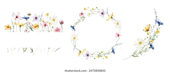 Watercolor painted floral wreath and frame set. Yellow, blue, white and pink wild flowers. Template illustration. - Powered by Shutterstock