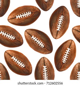 Watercolor painted illustration of brown ink american football ball pattern set isolated on white background