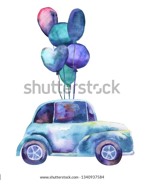 Watercolor painted illustraton of a blue car\
with balloons