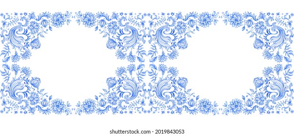 Watercolor Painted Indigo Blue Damask Pattern Seamless Border On A White Background. Tile With Hand Drawn Baroque And Floral Ornaments In Mediterranean Majolica Ceramic Painting Style. Batik Wallpaper