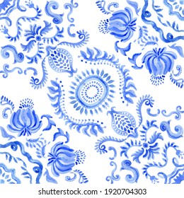 水彩画スペイン瓦 手描きのバロック 花柄の藍色の装飾が 地中海のマジョリカ陶磁の画風で描かれている 白い背景に壁紙のデコル バティック カーペットの印刷 のイラスト素材 Shutterstock