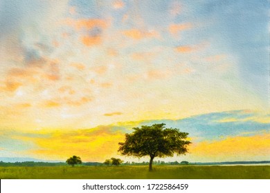 Watercolor painting, Alone tree on meadow with sunset. Beautiful sunset through with tree, magical sunset with tree.