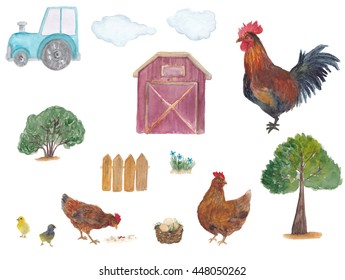 Watercolor Painting Animal Set With Chicken And Rooster, Farm, Tractor,trees, Meadow, Eggs