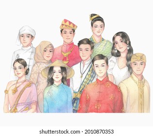 Watercolor Painting Of Asean People Waering Traditional Costume